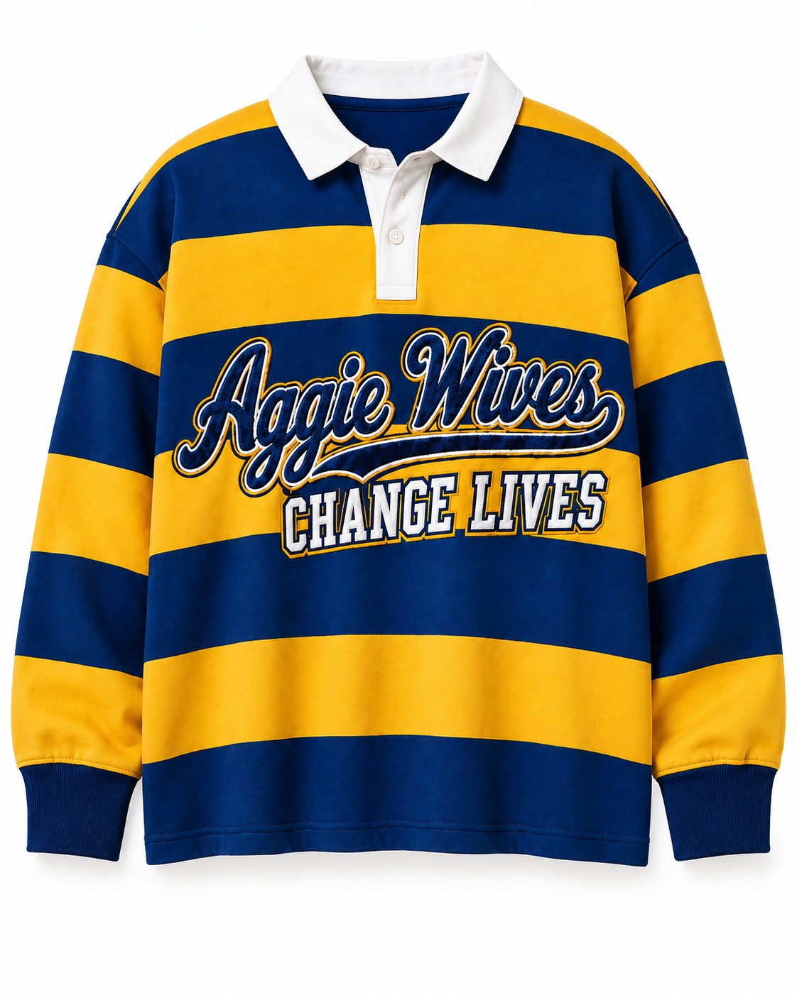 Wives Change Lives Blue & Gold Striped Rugby Polo